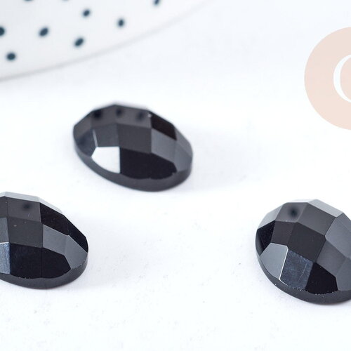 Cabochon ovale agate noire facetté 18x13mm, cabochon pour création bijoux pierre, x1 (g8598)