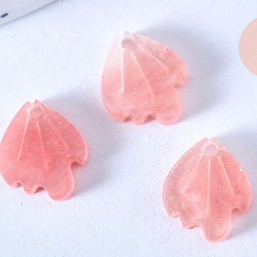 Pendentif acétate feuille rose paillettes, perles plastique,connecteur feuille plastique 15mm x10 (g4015)