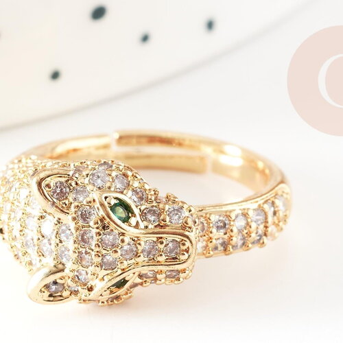 Bague réglable laiton doré léopard zircons blancs 17mm, x1 (g4361)