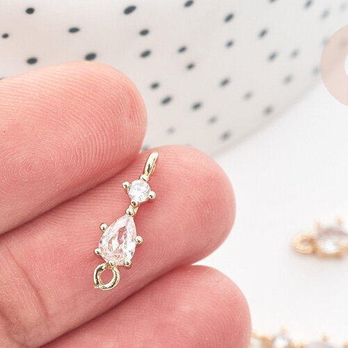 Connecteur goutte et rond laiton doré zircons 17mm, pendentif cristal création bijoux, x1 g8075