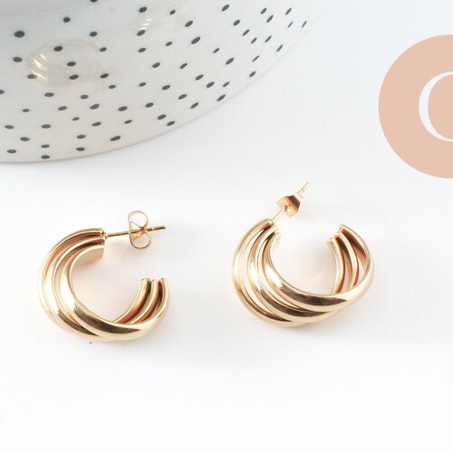 Créoles tresse acier doré, bijoux doré, oreille percée,sans nickel, boucles acier, 22mm, la paire g4908