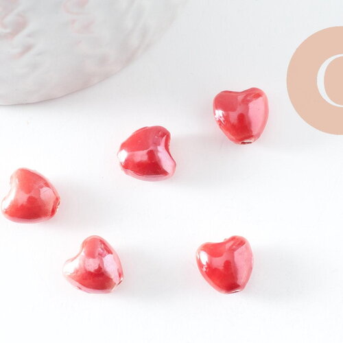 Perle coeur porcelaine rouge irisé 12mm, perle céramique, fabrication bijoux amour et amitié, x5 g9773
