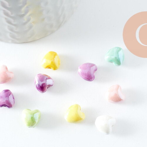 Perle coeur porcelaine multicolore irisé 12mm, perle céramique, fabrication bijoux amour et amitié, x5 g9772