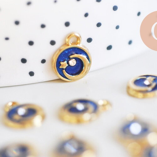 Pendentif rond étoiles de lune émaillé bleu zamac or zircon 13mm, pendentif en laiton émaillé, sans nickel, x1 (g5917)