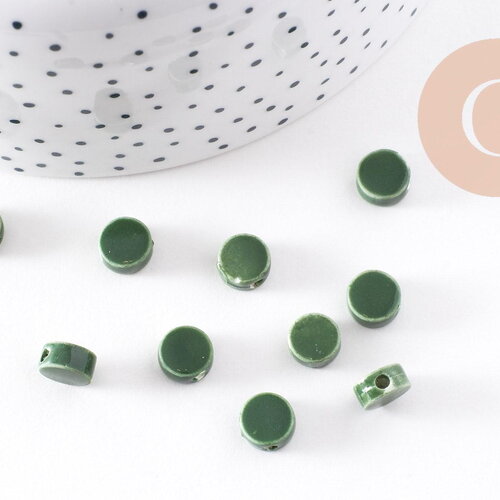 Perles porcelaine vert foncé, perle céramique, perle porcelaine,perle disque, céramique verte,8mm, x10 g4730