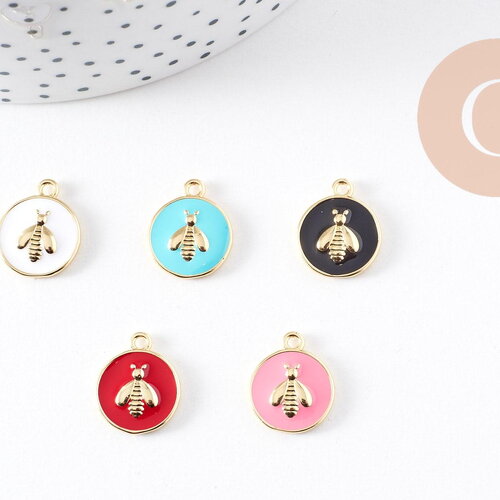 Pendentif médaille rond abeille émail laiton doré 16mm, x1 (g2942)