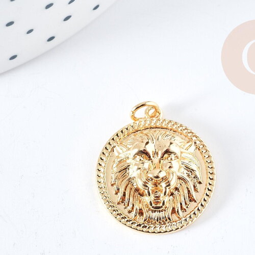 Pendentif rond tête de lion laiton doré 18k 22mm, fabrication bijoux fantaisie, x1 g8872