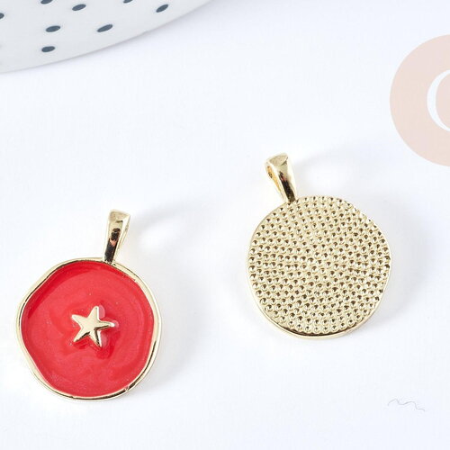 Pendentif médaille rond étoile émail rouge laiton doré 18mm, pendentif laiton émaillé,sans nickel, x1 g8549