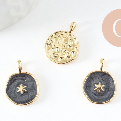 Pendentif médaille rond étoile émail noir laiton doré, pendentif laiton émaillé,sans nickel,18mm, x1 g4369