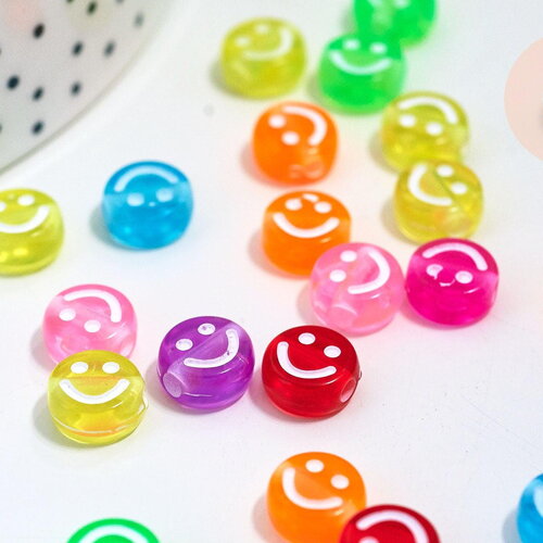 Perle smiley en plastique transparent 10mm , perle sourire en plastique coloré, couleur mélangées,x 10 grammes g5576
