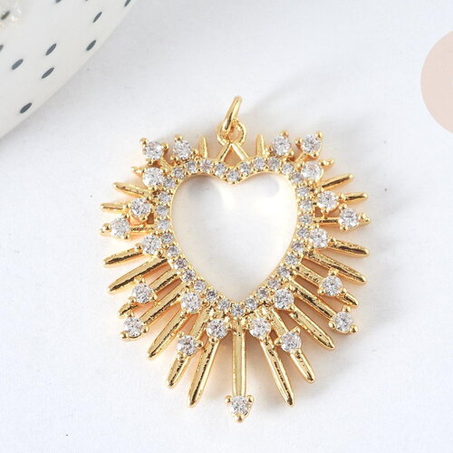 Pendentif cœur laiton doré et cristal zircon anneau jonction 32mm, x1 (g7382)
