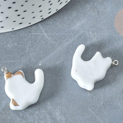 Pendentif chat porcelaine blanc doré laiton platine 24mm, pendentif pour fabrication bijoux, x1 g8062