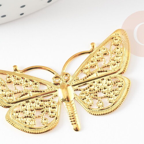 Pendentif estampe filigrane papillon laiton doré, pendentif très fin et léger, 24x43mm, x2 g4119