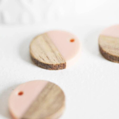 Pendentif disque bois résine rose 18mm,création bijoux bois,x5 g1011
