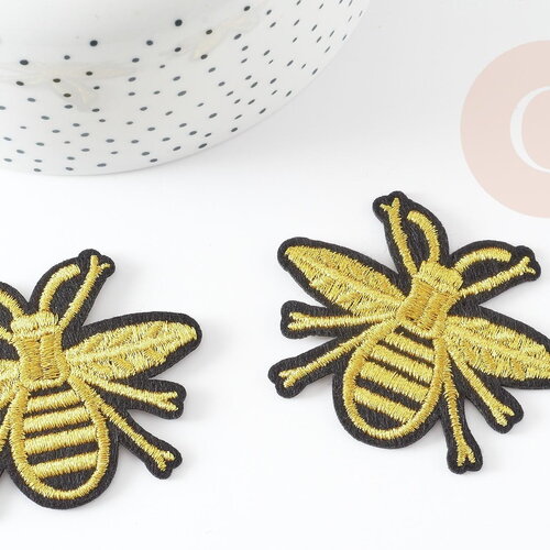 Ecusson brodé à repasser abeille dorée 63mm customisation vêtement, écusson thermocollant,patch brodé,écusson brodé x2 g3769