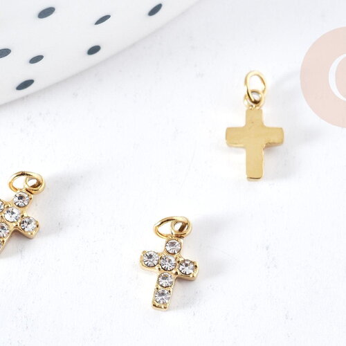 Pendentif croix zircon acier 316 doré inoxydable 8.5mm, x1 (g8819)
