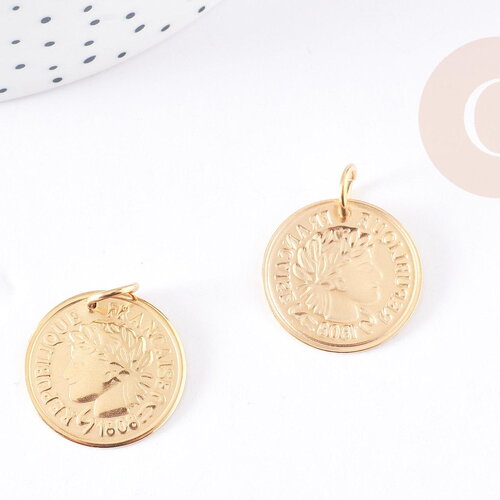 Pendentif médaille ronde pièce acier doré 20mm, pendentif doré,sans nickel,acier doré inoxydable, création bijoux,médaille or, x1 g5571