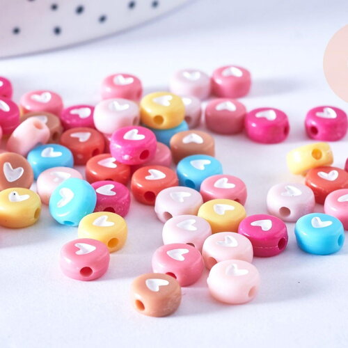 Perle ronde coeur coloré plastique 6.5mm,perle plastique ronde lettre,création bijoux,perle coeur, x 10 grammes g6634