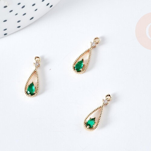 Pendentif goutte laiton doré zircon cristal vert 17,5mm, pendentif création bijoux, x1 g8436
