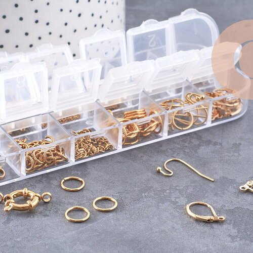 Boite kit mix de 12 types de fournitures pour bijoux en acier inoxdable doré ou platine, x1 (g10142/g10143)