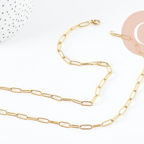 Chaine avec fermoir acier 304 inoxydable doré maille rectangle 55cm,chaine collier inoxydable, chaine large,chaine complète, x1 g9407