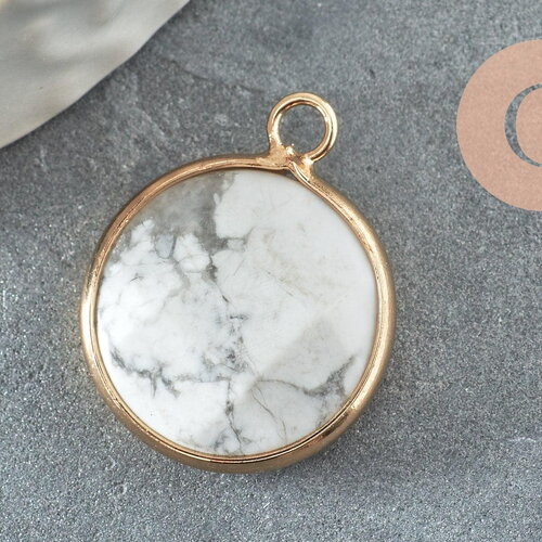 Pendentif rond howlite blanche naturelle laiton doré 20mm, x1 (g0679)