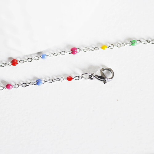 Chaine avec fermoir acier inoxydable platine résine multicolore 2mm-45cm,chaine collier, x1 (g1412)
