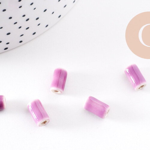 Perle porcelaine violette, perle céramique, porcelaine parme,perle tube, création bijoux,10mm, x5 g2351