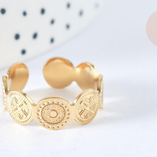 Bague réglable cercles acier inoxydable doré taille 54, x1 (g7030)