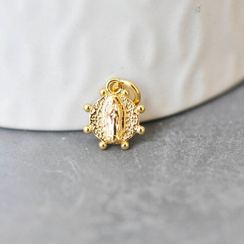 Pendentif médaille ovale vierge marie laiton doré 11mm, x1 (g3480)