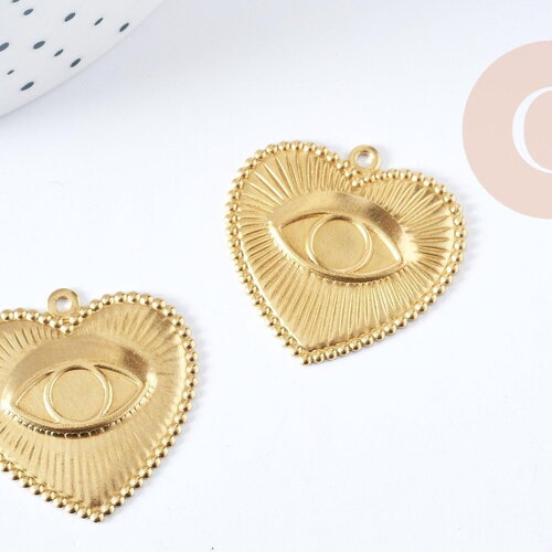 Pendentif médaille coeur oeil protecteur laiton brut 28mm, un apprêt doré sans nickel,une médaille dorée en laiton brut, x1 g6317