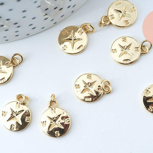 Pendentif boussole laiton doré 20k 15.2mm, x1 (g5996)