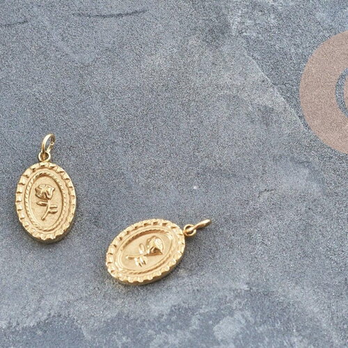 Pendentif médaille ovale acier doré fleur rose 13.5mm, x1 (g4697)