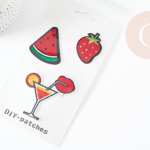 Ecusson à repasser pastèque fraise cocktail,customisation vêtement, écusson thermocollant fruit,patch brodé,57mm,x3 g1820