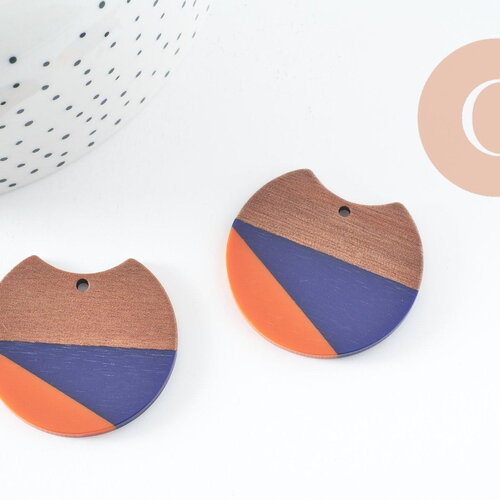 Pendentif disque en bois de noyer résine bleus et orange 37mm, x2 (g9849)