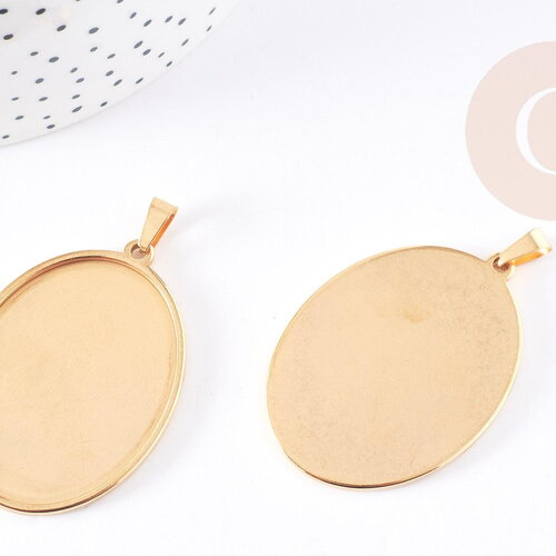Pendentif médaille ovale support cabochon acier 304 inoxydable doré 45mm, x1 (g3449)