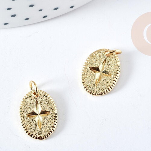 Pendentif ovale étoile doré laiton avec anneau de jonction 18.5mm, pendentif doré pour création bijoux diy, x1 g8864