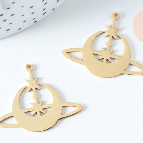 Pendentif acier doré lune et étoiles 35mm, breloque doré, acier inoxydable doré, pendentif sans nickel, x1 g6336