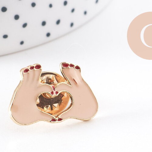 Broche pins mains coeur zamac doré émaillé beige rouge 15mm, x1 (g10161)