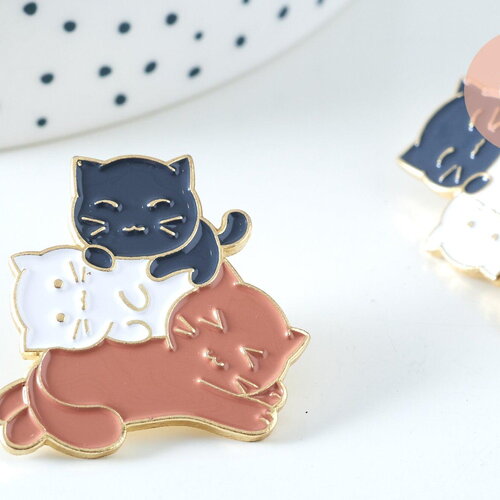 Broche pins chatons noir, blanc, marron doré émail 29x30.5mm,broche dorée, décoration veste,x1 g6320