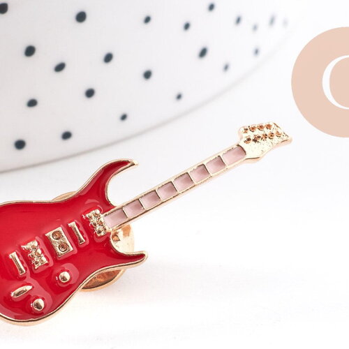 Broche pins guitare émail rouge doré 42mm, x1 (g10168)
