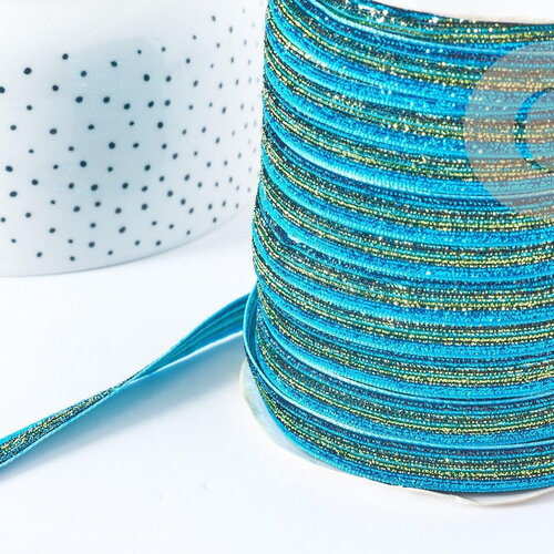 Ruban plat à paillettes polyester nylon bleu 9.5-10mm, fabrication bijoux, x1 mètre g8907