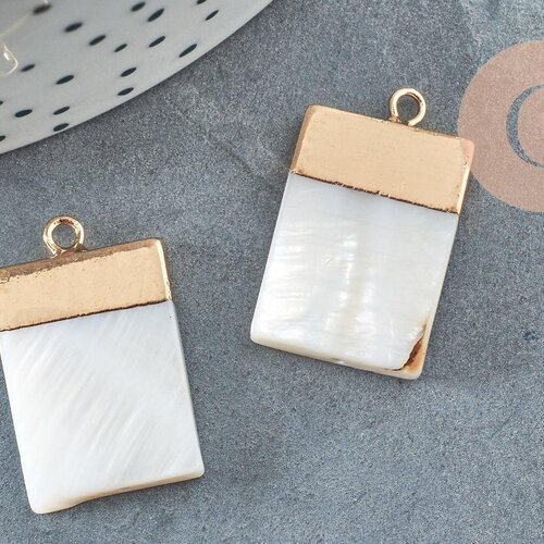 Pendentif nacre blanche naturelle doré rectangle 24mm,pendentif rond nacre,coquillage blanc, x2 g2579