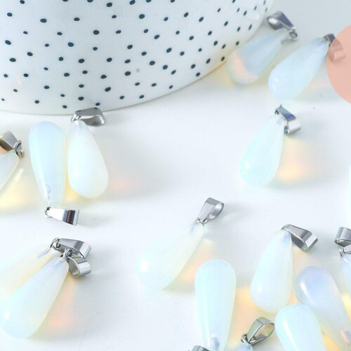 Pendentif goutte opalite roulée acier platine 30mm, pendentif pierre acier inoxydable pierre de synthèse, x1, g6166