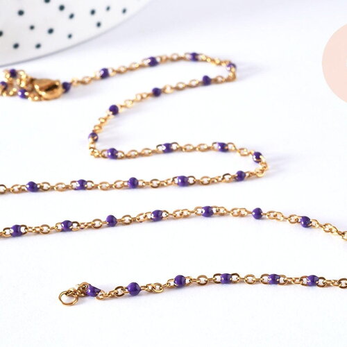 Bracelet ou collier acier doré 14k résine violet 1.5mm-20.5cm, x1 (g3601)