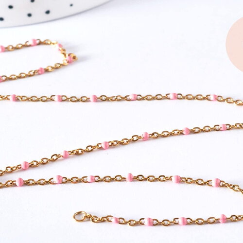 Bracelet ou collier acier doré 14k résine rose 1.5mm,20.5cm, x1 (g3602)