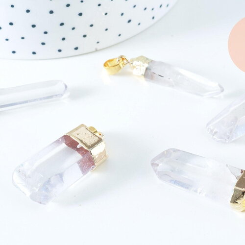 Pendentif pointe cristal de roche transparent doré 42-60mm, bijou pierre naturelle x1 g6229