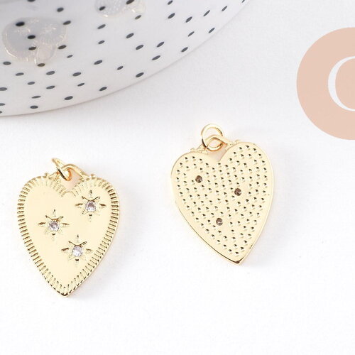 Pendentif coeur émail laiton doré 18k et zircon 24mm, x1 (g10158)