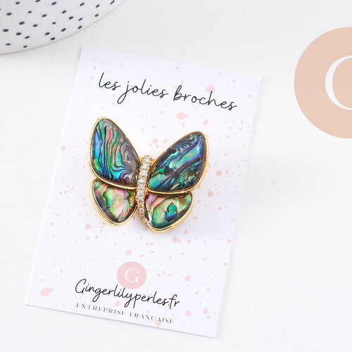Broche papillon nacre noire abalone laiton doré zircons 36mm, x1 (g10164)