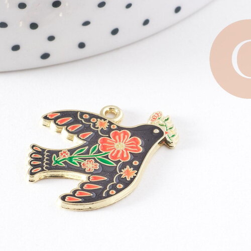 Pendentif colombe noir à fleurs zamac doré 26mm, x2 (g10157)